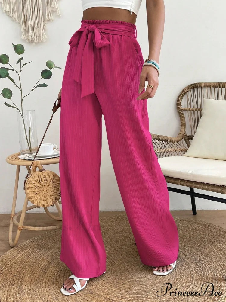 Paperbag Waist Belted Wide Leg Pants Hot Pink / S