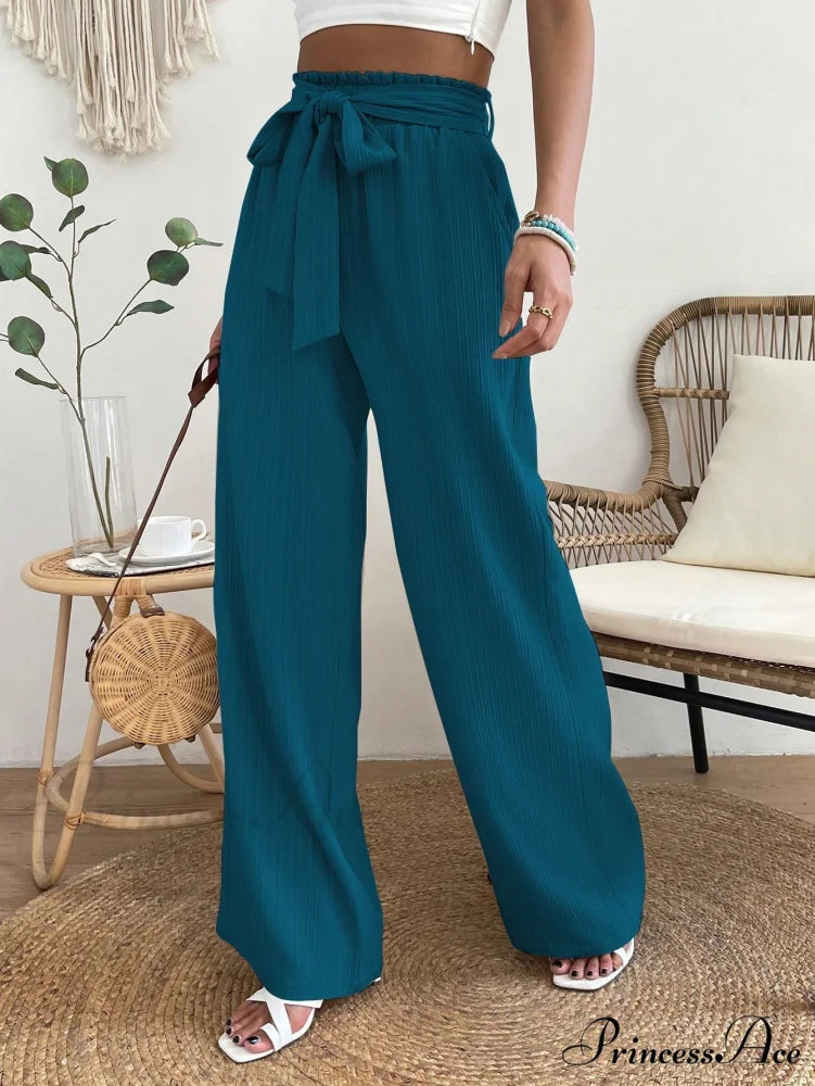 Paperbag Waist Belted Wide Leg Pants Teal Blue / S