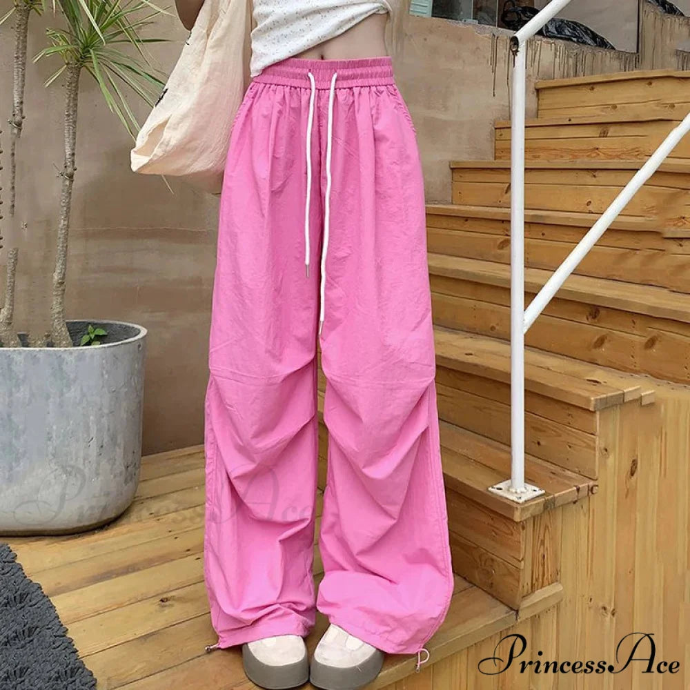 Parachute Tall Waist Drawstring Broad Leg Pant Pink / S pant-250223