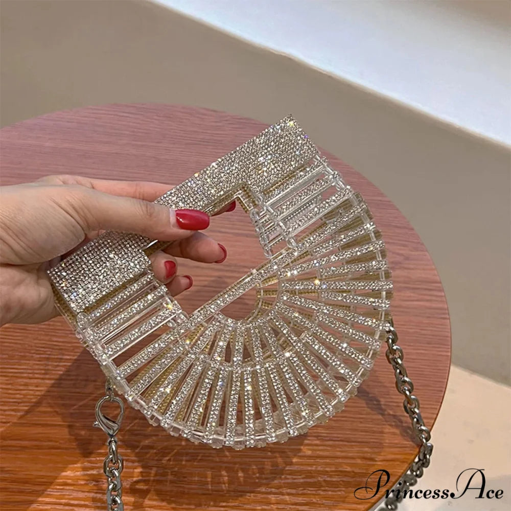 Partial Lunar Rhinestone Sparkle Basket Clutch Bag for Women Silver clutchbag-250126