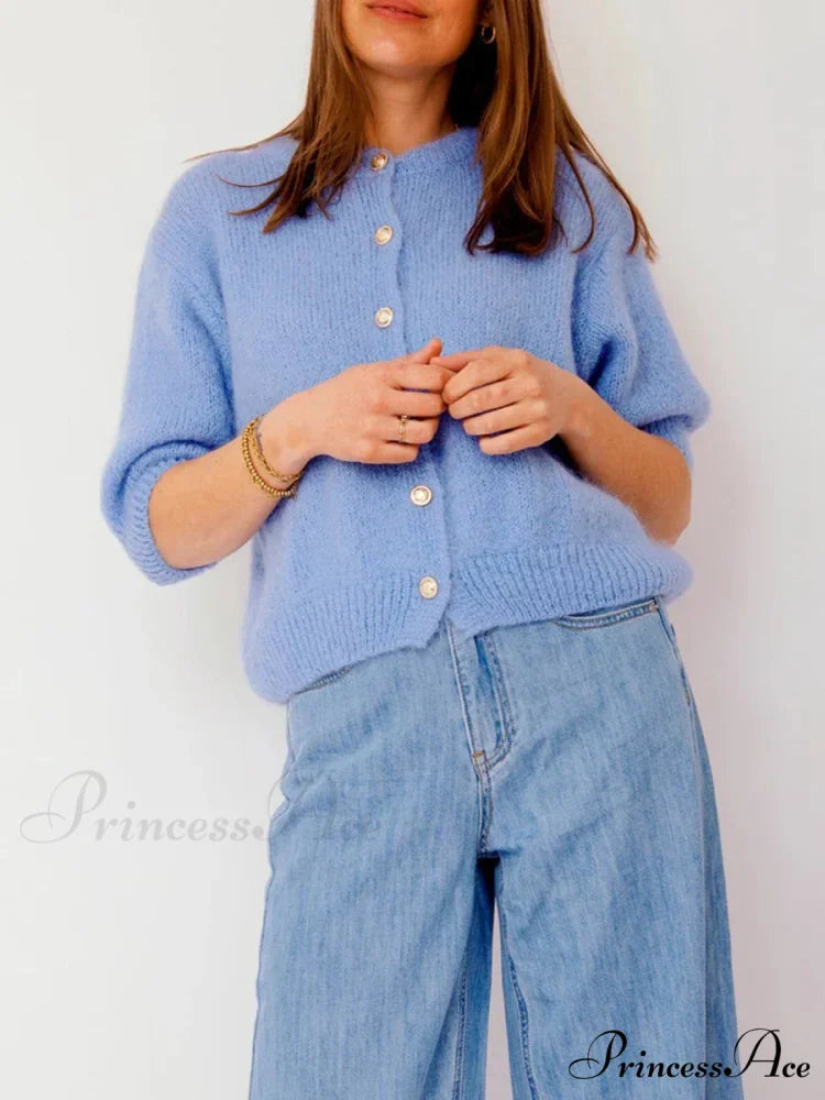Partial Sleeve Round Neck Button-Up Knitted Cardigan blue / S cardigans-241228