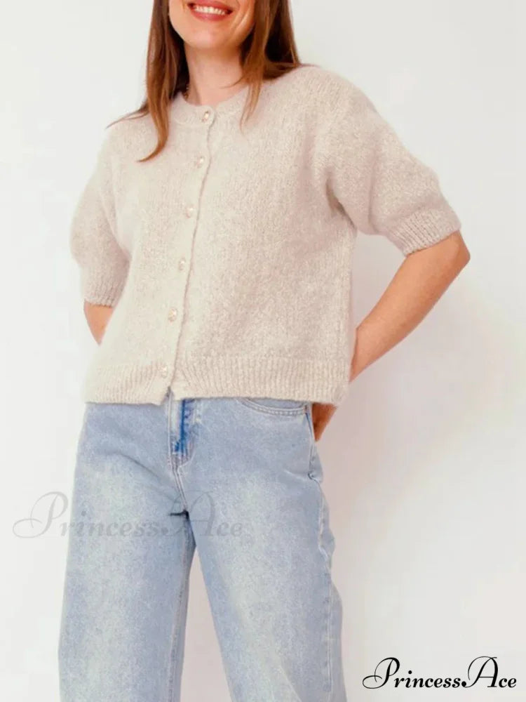 Partial Sleeve Round Neck Button-Up Knitted Cardigan cardigans-241228