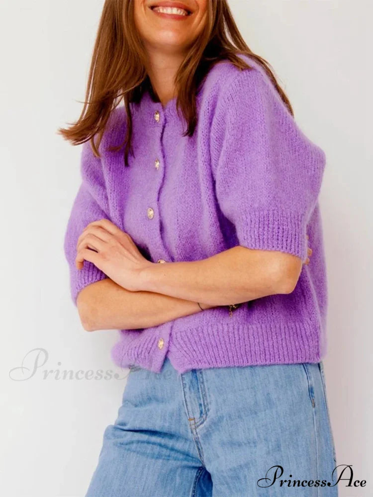 Partial Sleeve Round Neck Button-Up Knitted Cardigan cardigans-241228