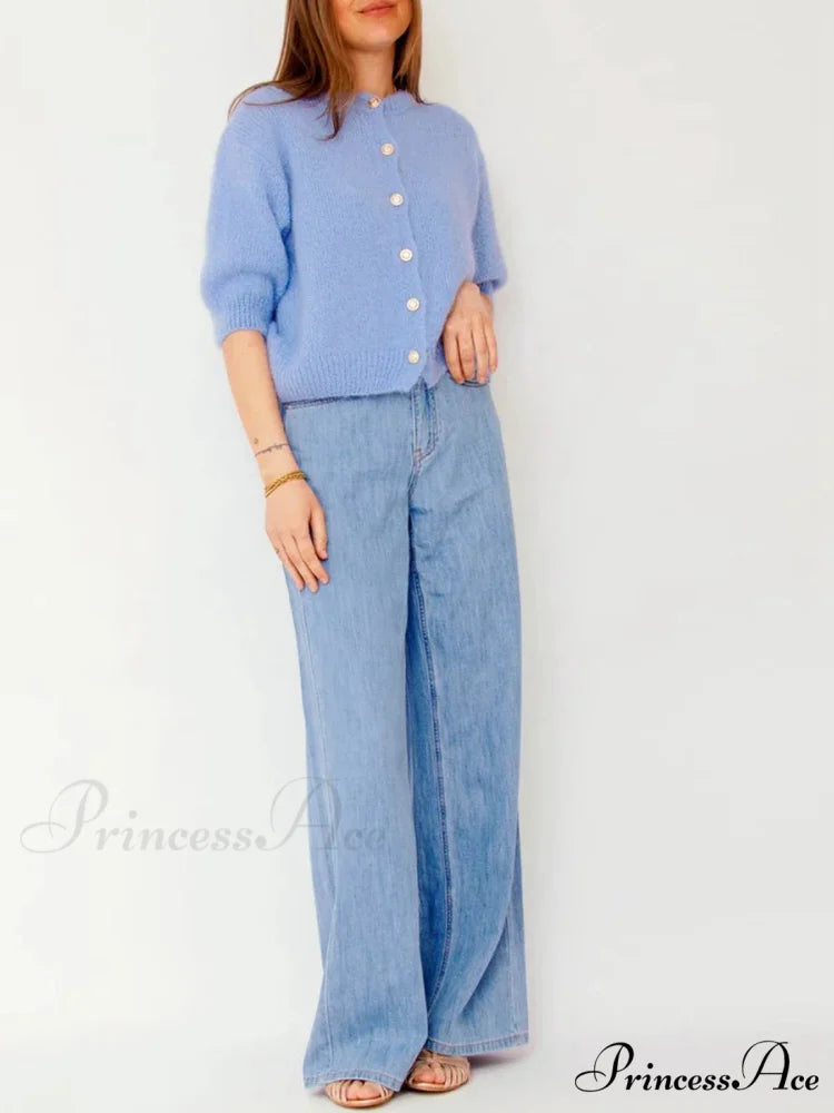 Partial Sleeve Round Neck Button-Up Knitted Cardigan cardigans-241228