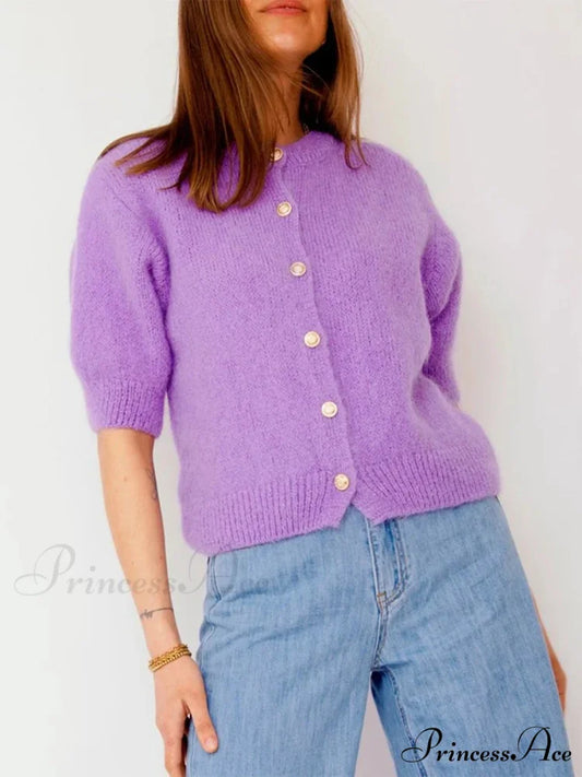 Partial Sleeve Round Neck Button-Up Knitted Cardigan purple / S cardigans-241228