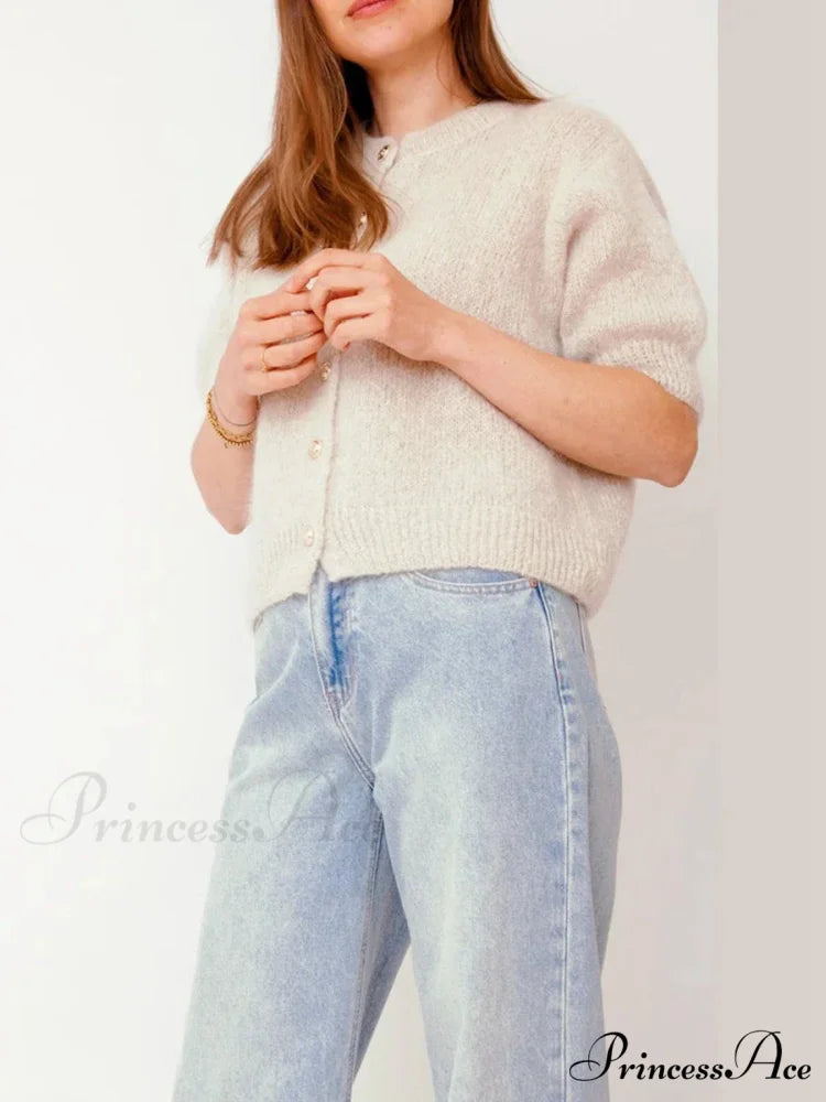 Partial Sleeve Round Neck Button-Up Knitted Cardigan white / S cardigans-241228
