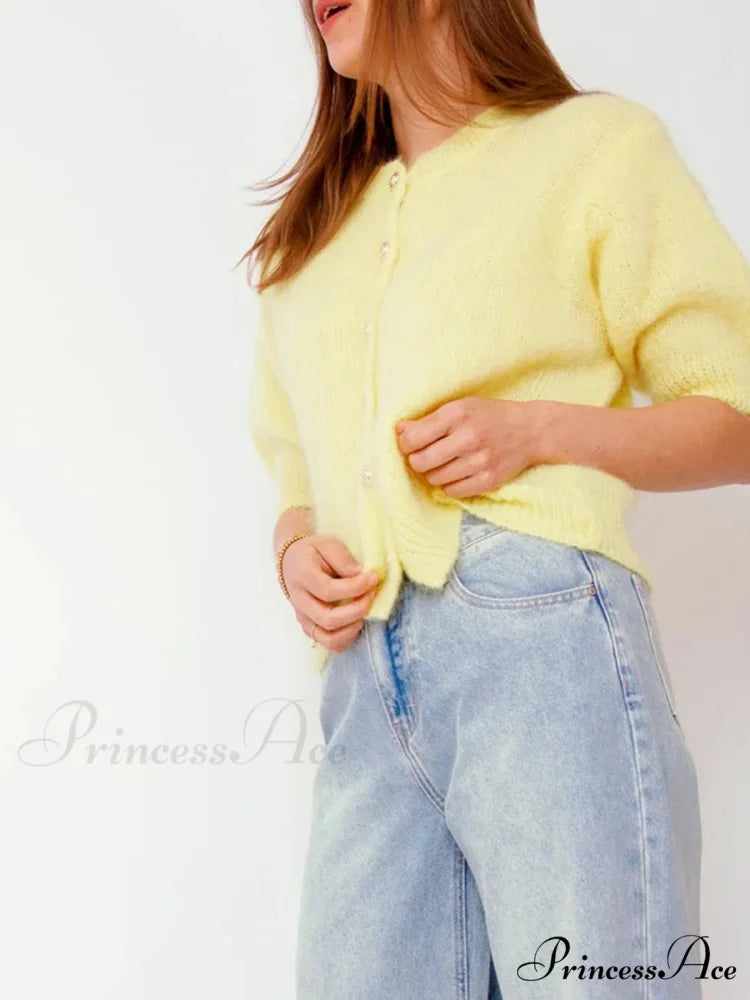 Partial Sleeve Round Neck Button-Up Knitted Cardigan yellow / S cardigans-241228