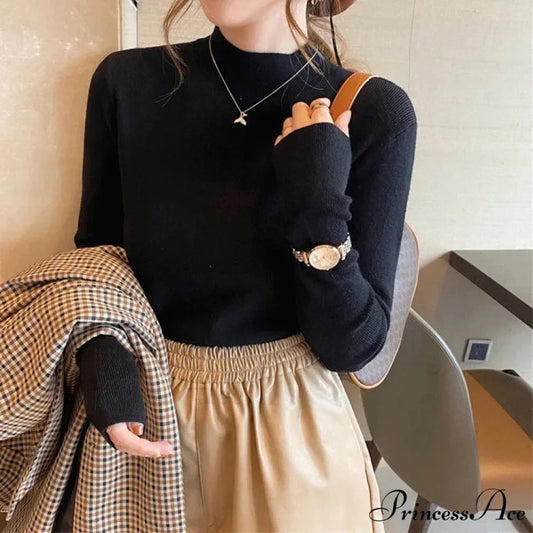 Partial Tall Collar Knitted 2000s Sweater Black / One Size swraters-241228