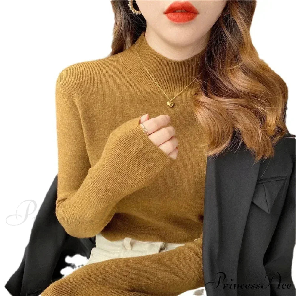 Partial Tall Collar Knitted 2000s Sweater Yellow / One Size swraters-241228