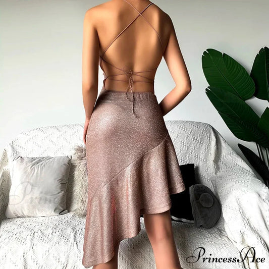 Party Backless Asymmetry Ruffles Hem Spaghetti Strap V-Neck Sleeveless Mini Lace up Bodycon Dress