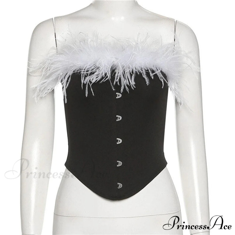 Party - Cami Corset Shoulder Feather Sleeveless Off Women’s Blouse Crop Tee - Top Club Tank Top White/Black Sexy