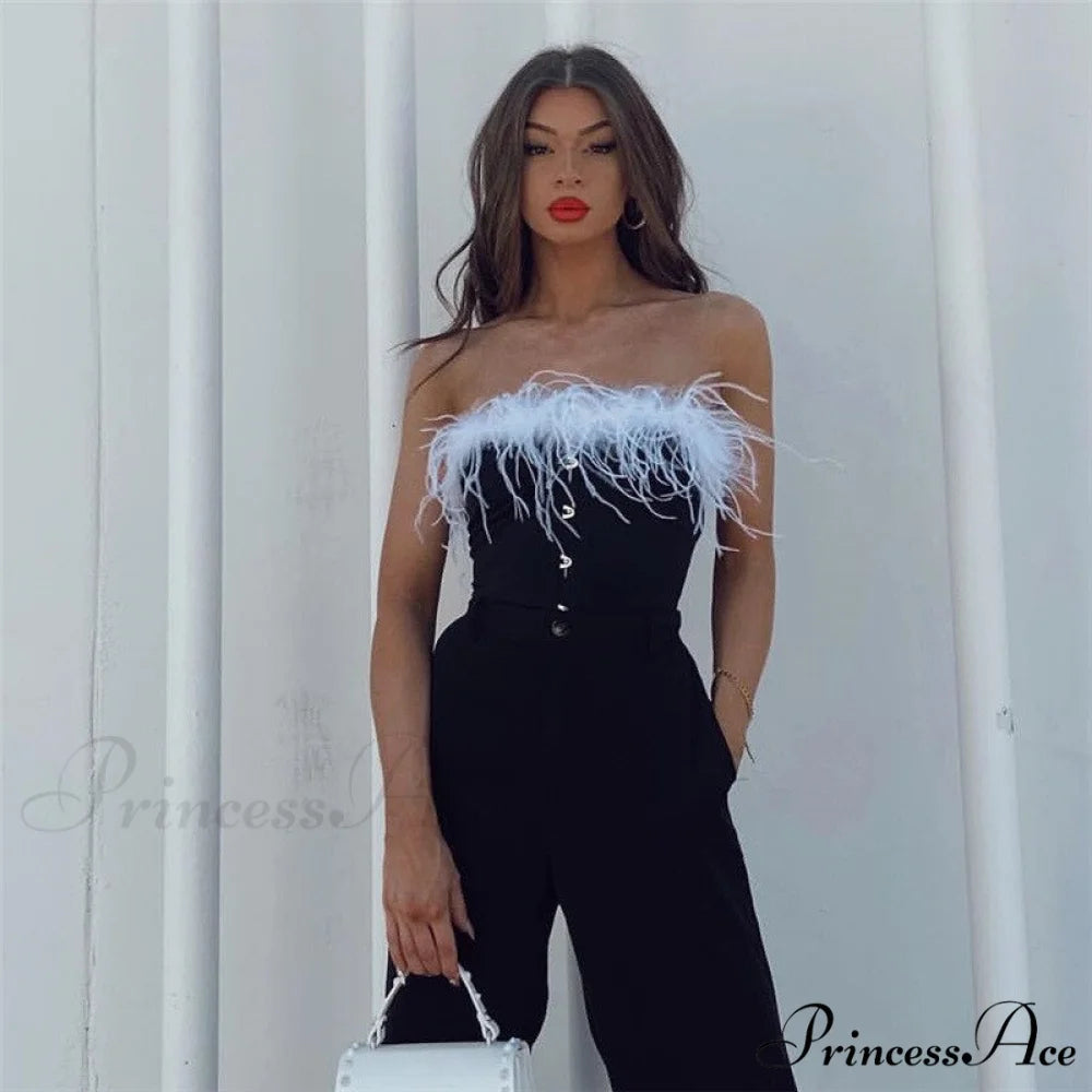 Party - Cami Corset Shoulder Feather Sleeveless Off Women’s Blouse Crop Tee - Top Club Tank Top White/Black Sexy