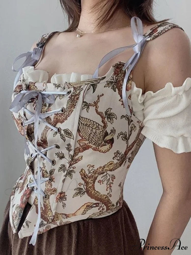 Party Club Designer Camis High Corset Halter Shirts Design Sexy Vintage Flowered Street Bandage Spring Top