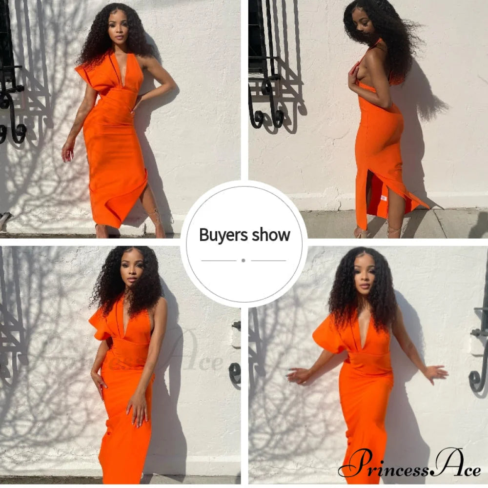 Party Club Neck Backless Orange Black Side Women Trends Long Gown Fashion Evening V Vestidos Gown Draped Split Bandage