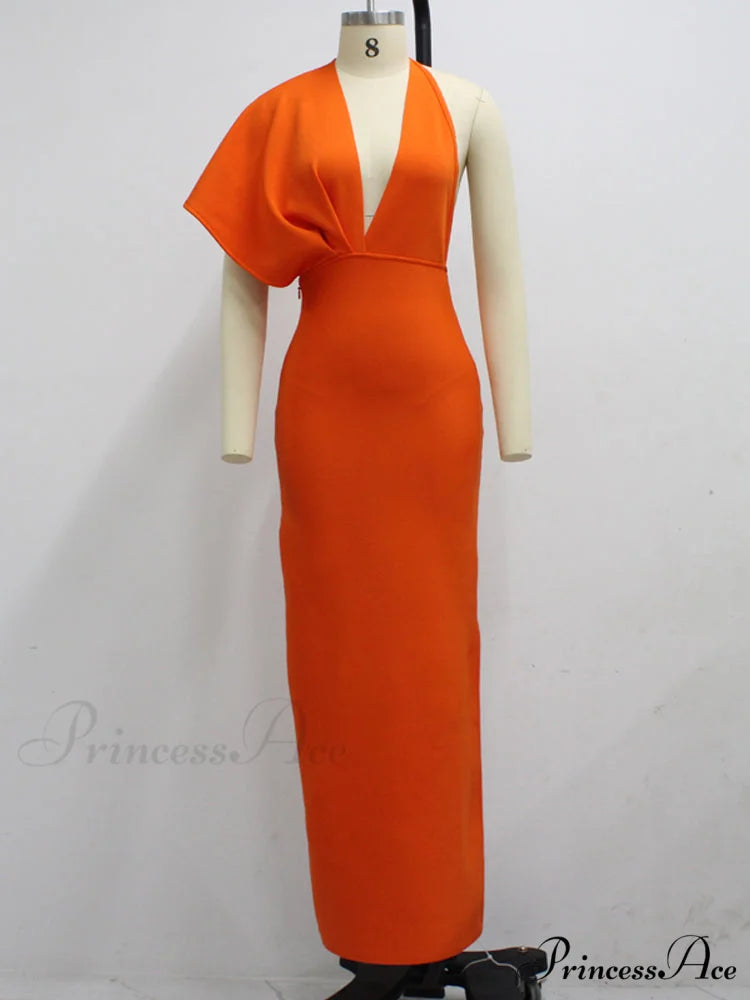Party Club Neck Backless Orange Black Side Women Trends Long Gown Fashion Evening V Vestidos Gown Draped Split Bandage