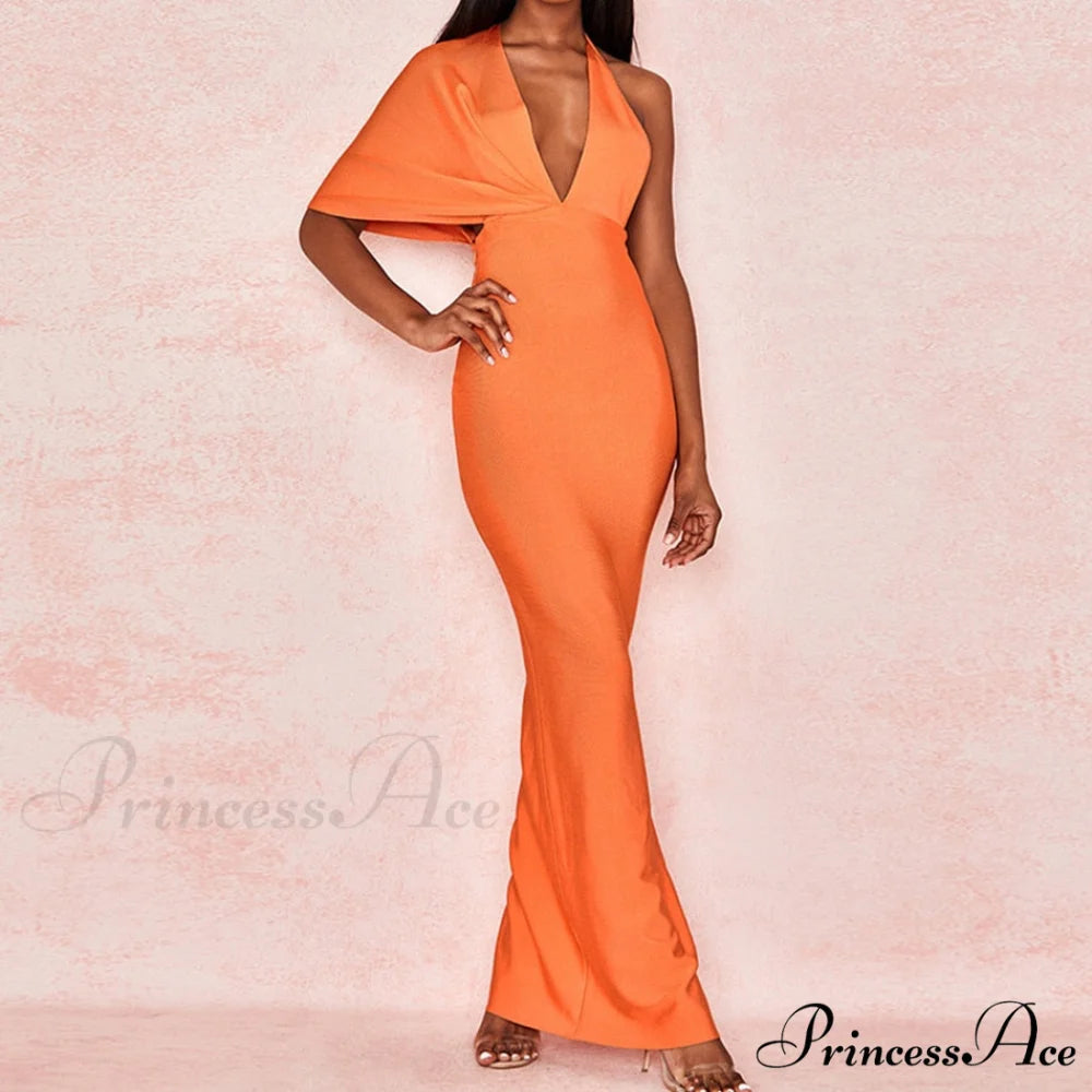 Party Club Neck Backless Orange Black Side Women Trends Long Gown Fashion Evening V Vestidos Gown Draped Split Bandage