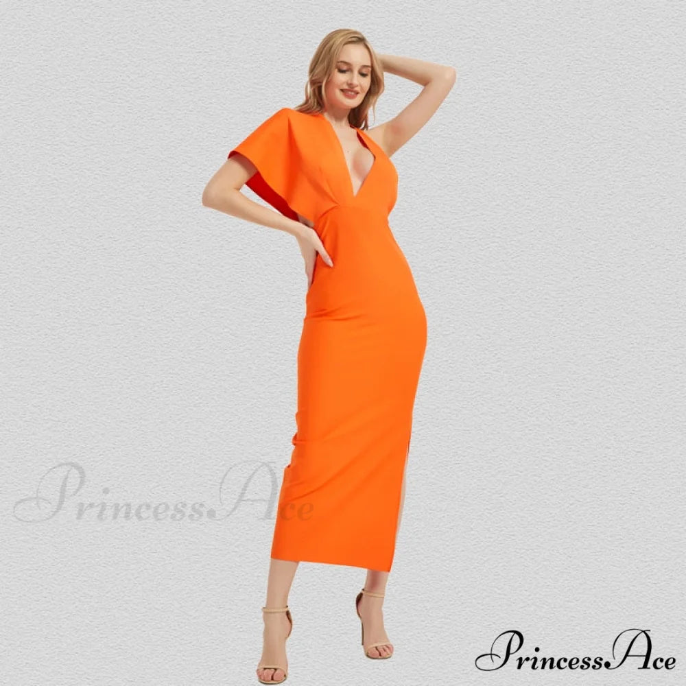 Party Club Neck Backless Orange Black Side Women Trends Long Gown Fashion Evening V Vestidos Gown Draped Split Bandage