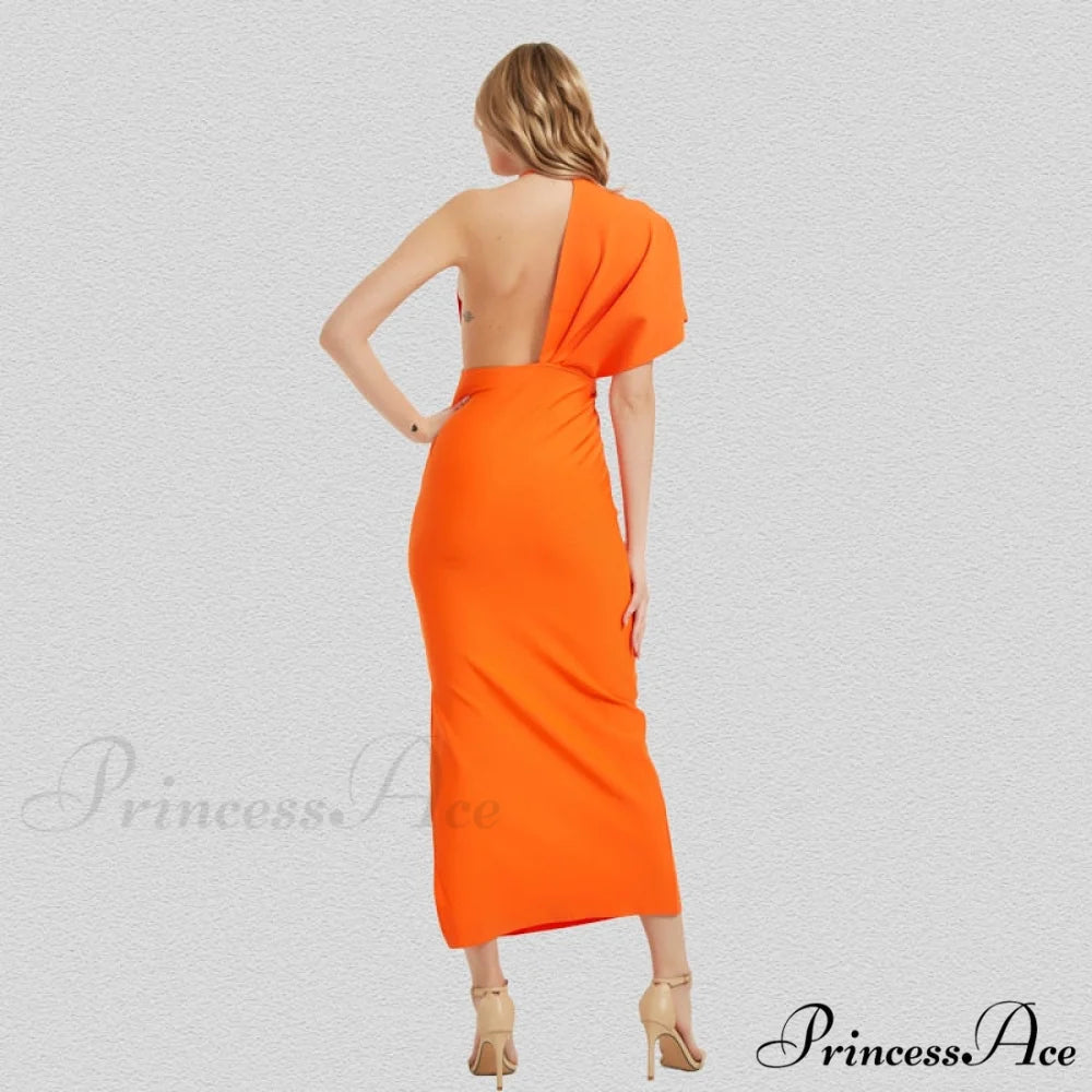 Party Club Neck Backless Orange Black Side Women Trends Long Gown Fashion Evening V Vestidos Gown Draped Split Bandage
