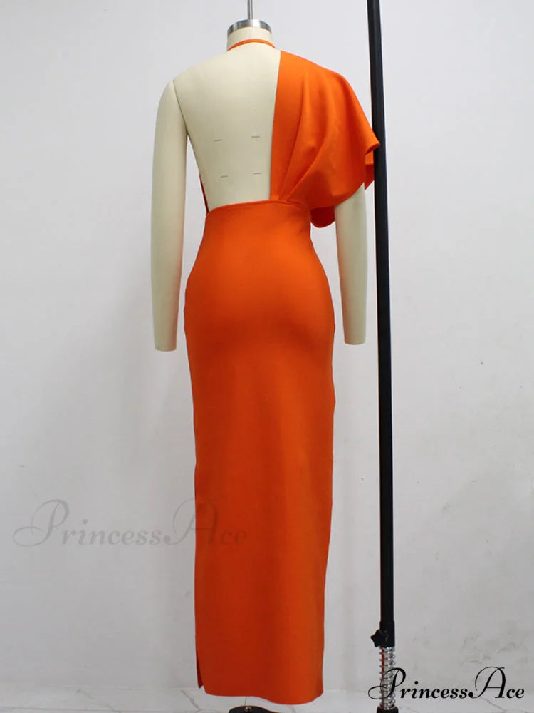 Party Club Neck Backless Orange Black Side Women Trends Long Gown Fashion Evening V Vestidos Gown Draped Split Bandage