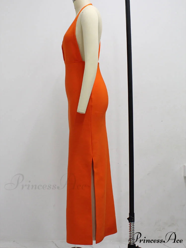 Party Club Neck Backless Orange Black Side Women Trends Long Gown Fashion Evening V Vestidos Gown Draped Split Bandage