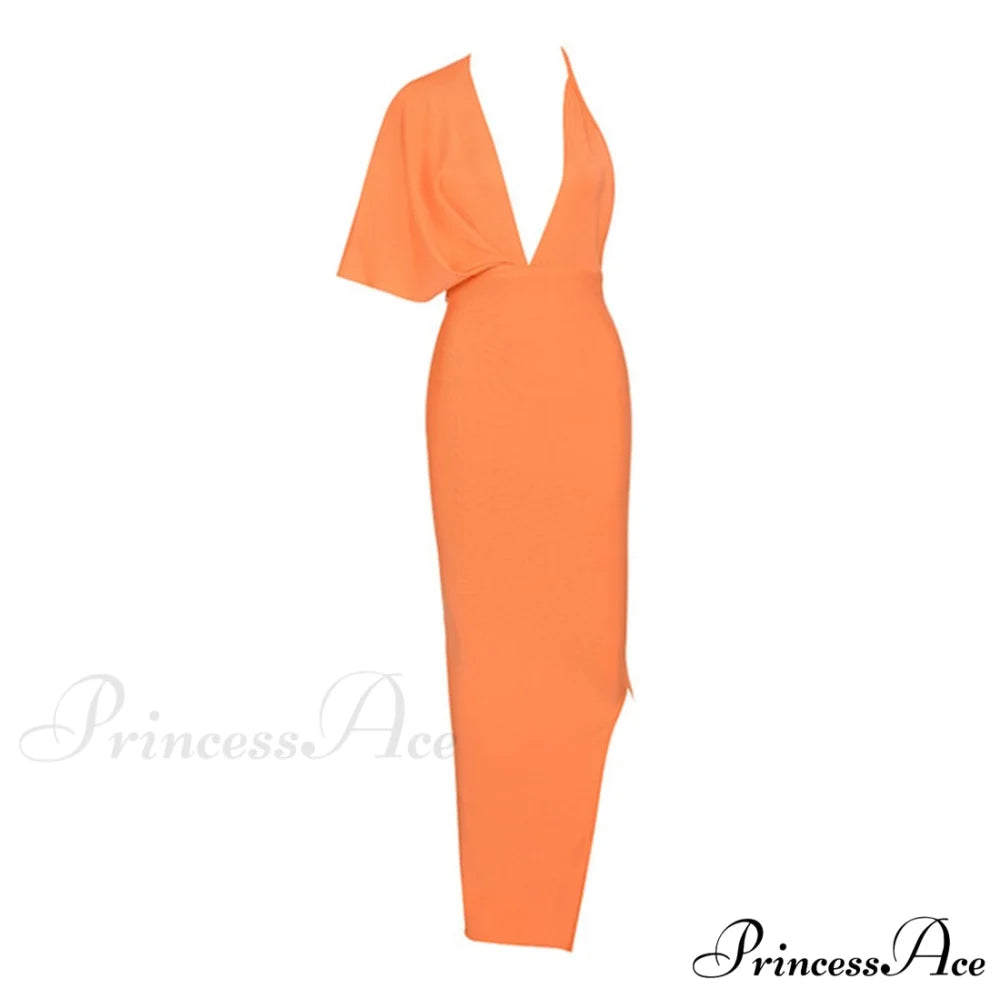 Party Club Neck Backless Orange Black Side Women Trends Long Gown Fashion Evening V Vestidos Gown Draped Split Bandage