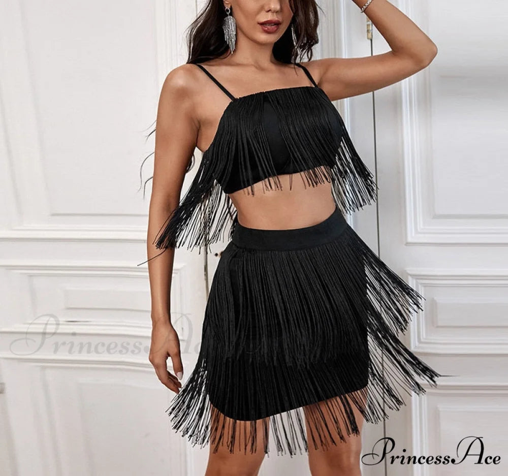 Party Fringe Bandage Halter Warm-Season Club Bodycon Tassel Gown Mini Casual 2024 Gown Backless Vestidos Black-02 / S