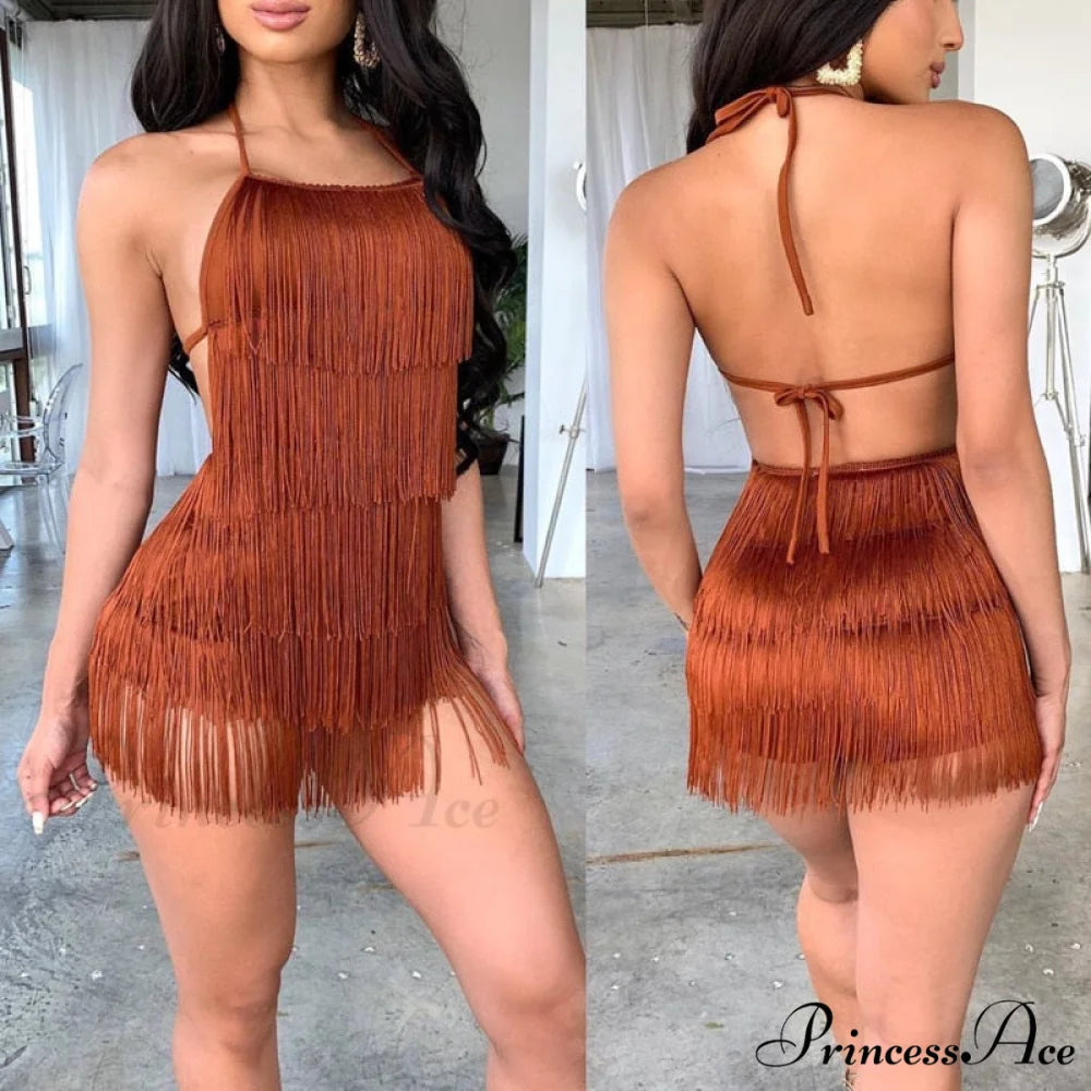 Party Fringe Bandage Halter Warm-Season Club Bodycon Tassel Gown Mini Casual 2024 Gown Backless Vestidos Coffee / S