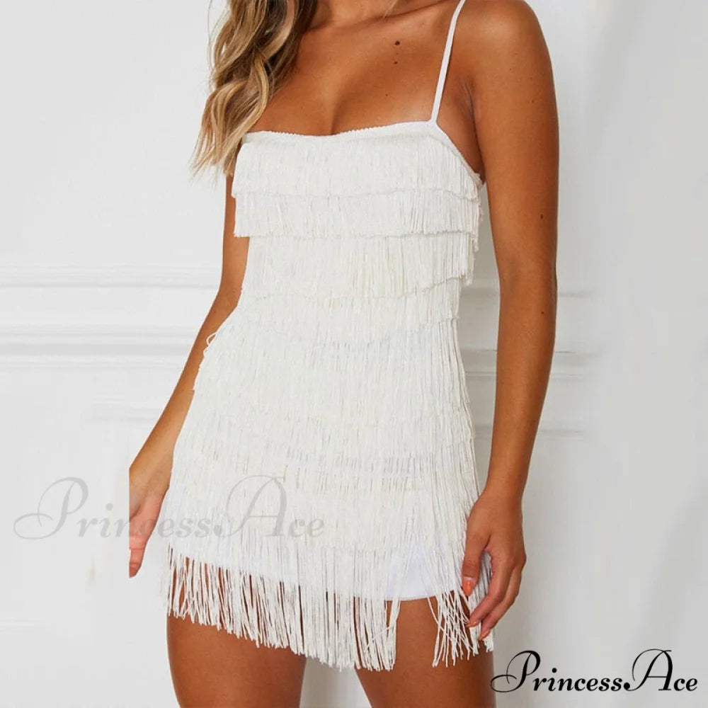 Party Fringe Bandage Halter Warm-Season Club Bodycon Tassel Gown Mini Casual 2024 Gown Backless Vestidos White / S