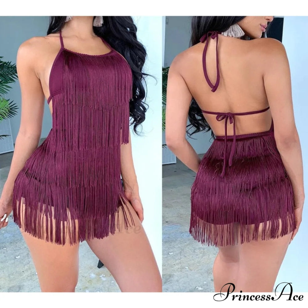 Party Fringe Bandage Halter Warm-Season Club Bodycon Tassel Gown Mini Casual 2024 Gown Backless Vestidos Winered / S