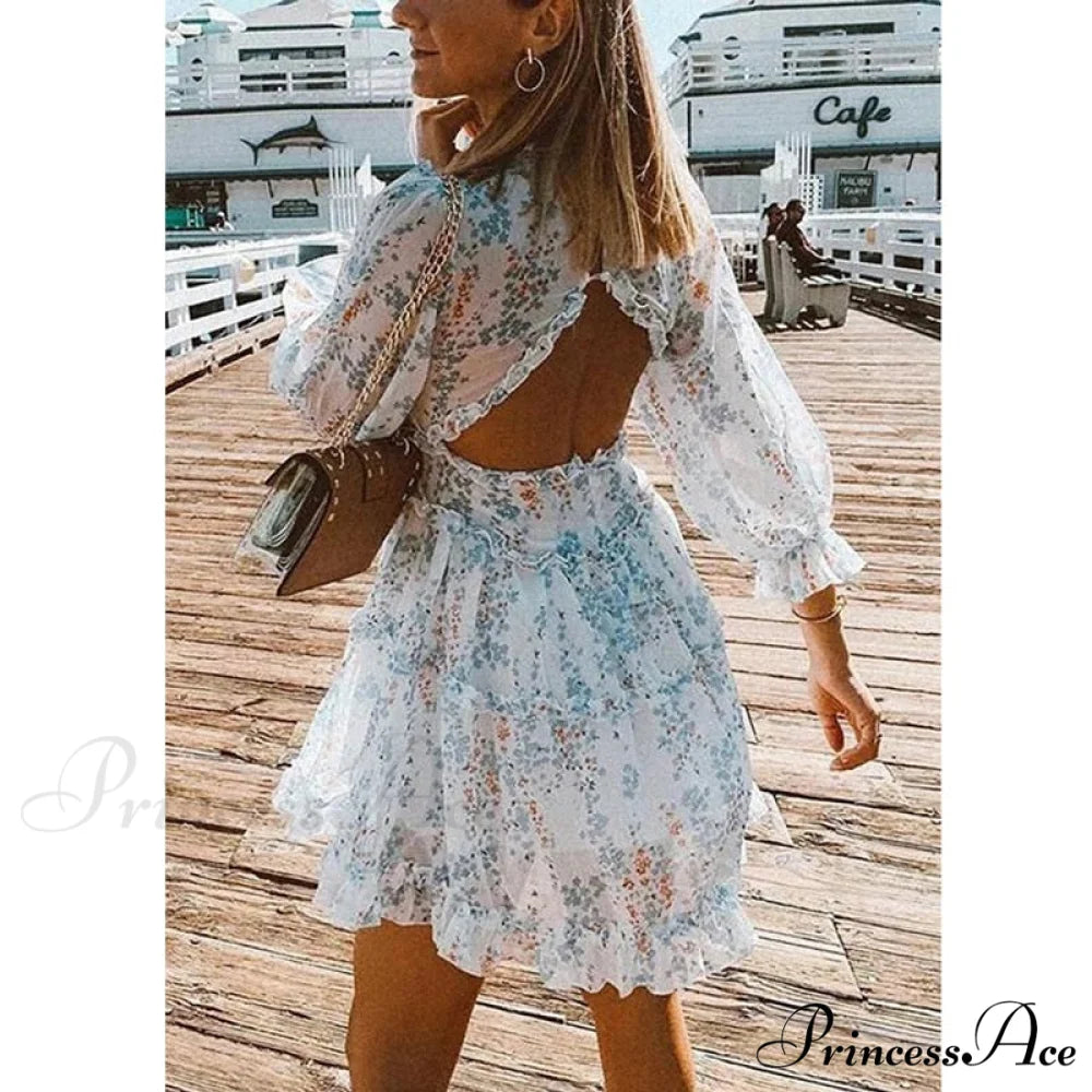 Party Gown Harlow Backless Design V-Neck Mini - Warm-Season Ruffle - Women’s Flowered Dress