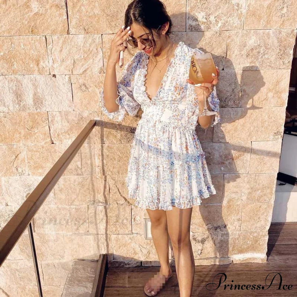 Party Gown Harlow Backless Design V-Neck Mini - Warm-Season Ruffle - Women’s Flowered Dress