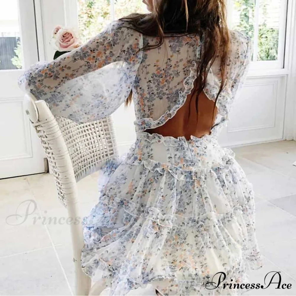 Party Gown Harlow Backless Design V-Neck Mini - Warm-Season Ruffle - Women’s Flowered Dress