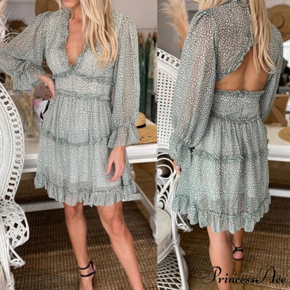 Party Gown Harlow Backless Design V-Neck Mini - Warm-Season Ruffle - Women’s Flowered Dress Green / S