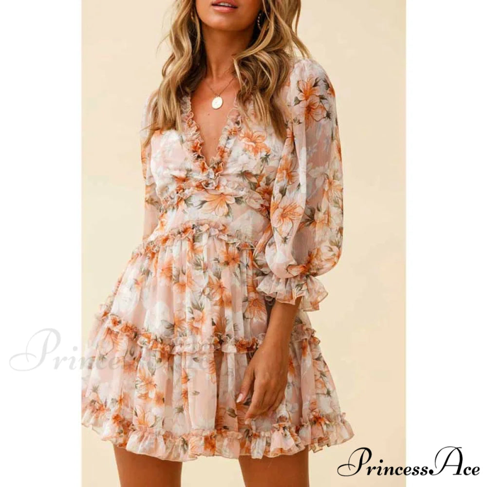 Party Gown Harlow Backless Design V-Neck Mini - Warm-Season Ruffle - Women’s Flowered Dress Orange / S