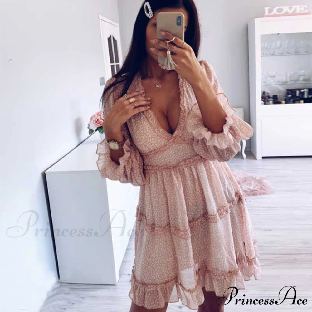 Party Gown Harlow Backless Design V-Neck Mini - Warm-Season Ruffle - Women’s Flowered Dress Pink / S