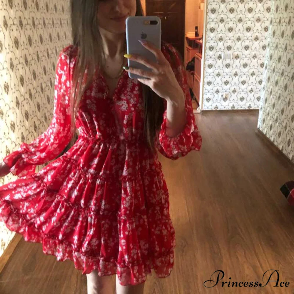 Party Gown Harlow Backless Design V-Neck Mini - Warm-Season Ruffle - Women’s Flowered Dress Red / S
