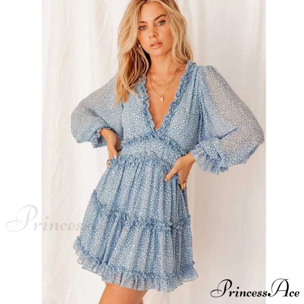 Party Gown Harlow Backless Design V-Neck Mini - Warm-Season Ruffle - Women’s Flowered Dress sky blue / S