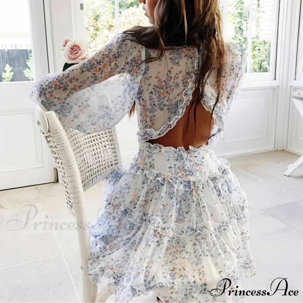 Party Gown Harlow Backless Design V-Neck Mini - Warm-Season Ruffle - Women’s Flowered Dress Turquoise / S