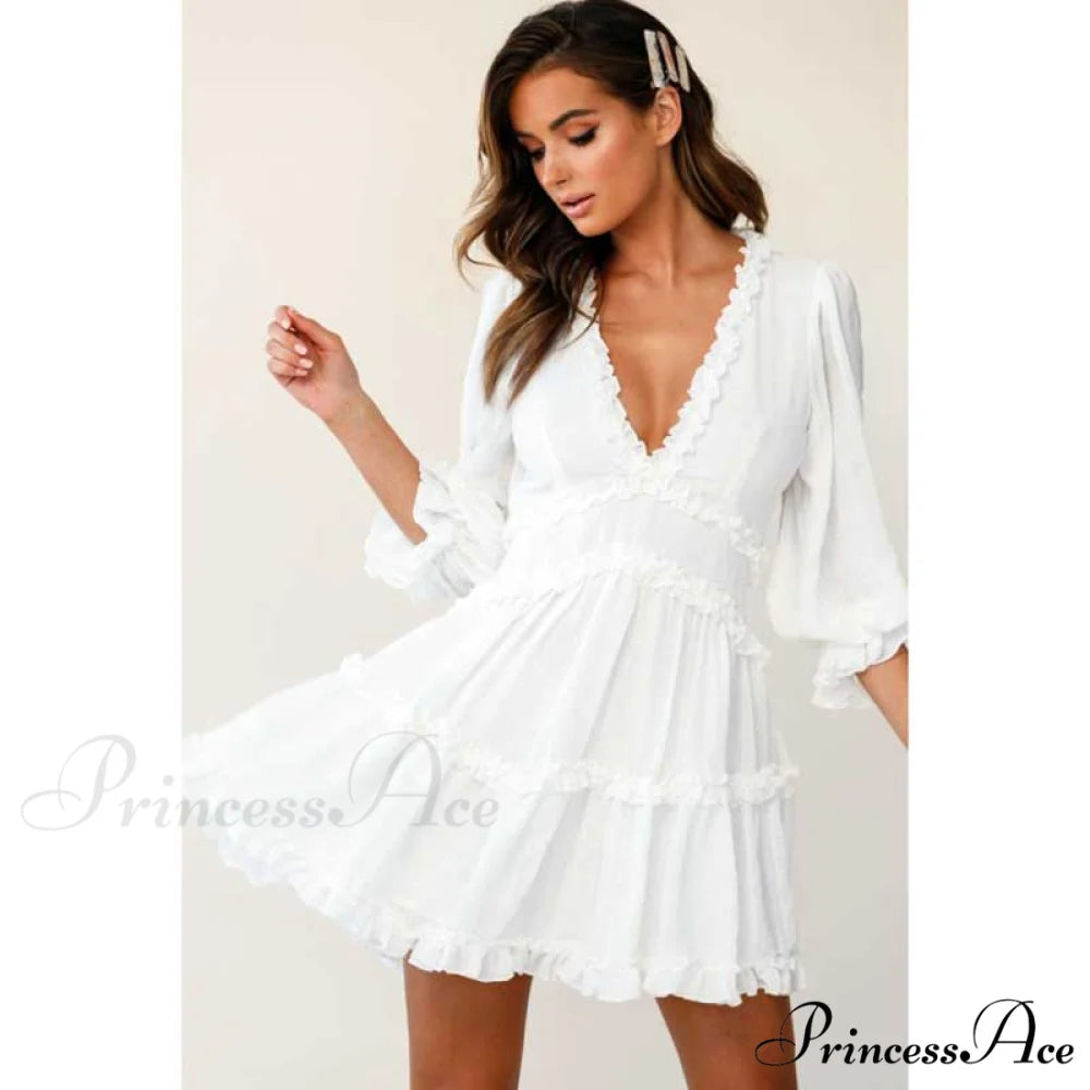 Party Gown Harlow Backless Design V-Neck Mini - Warm-Season Ruffle - Women’s Flowered Dress white / S