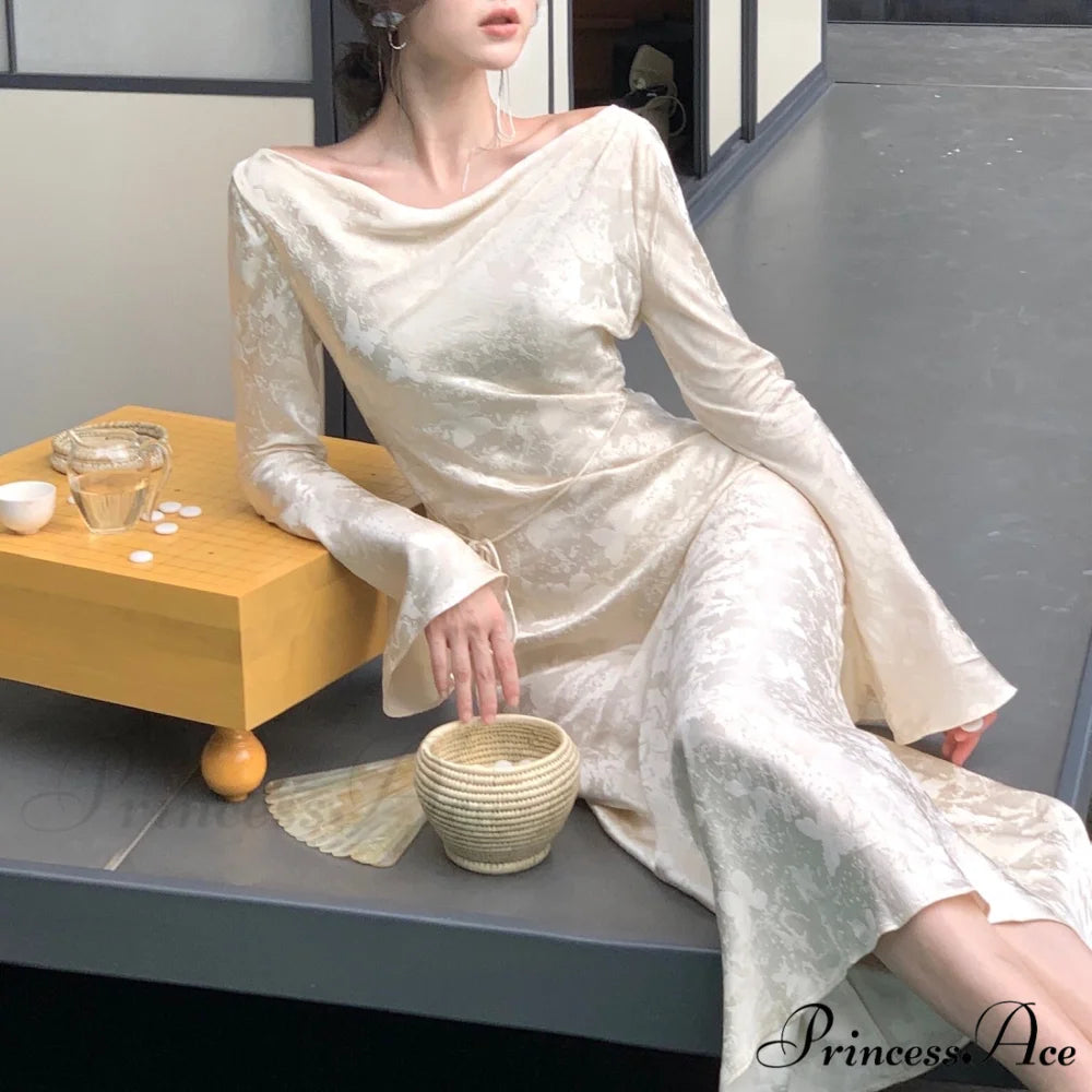 Party Gown Office Chic Formal Elegant Bodycon Evening Arm Lady Vintage Robe Long Clothes beige / XS