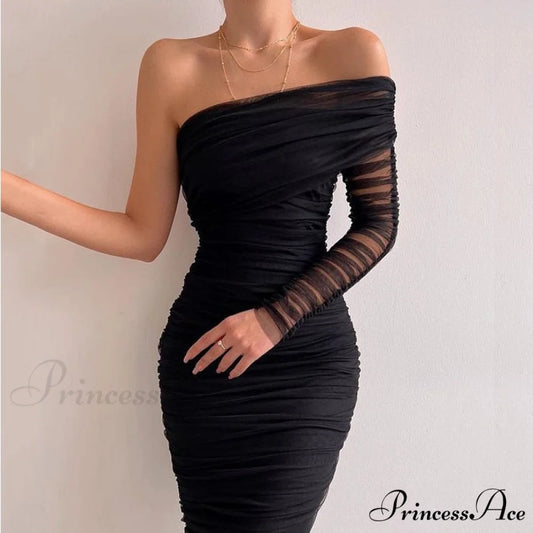 Party Mesh Elegant One Long Shoulder Arm Dress 01 Black / S