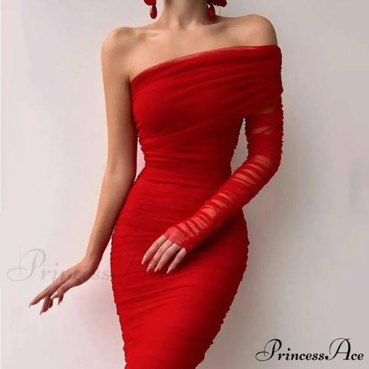 Party Mesh Elegant One Long Shoulder Arm Dress 02 Red / S