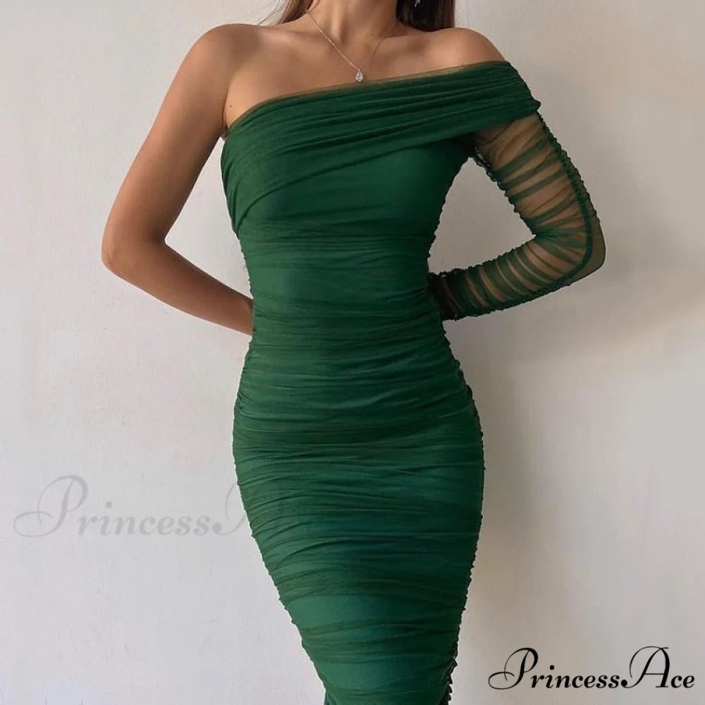 Party Mesh Elegant One Long Shoulder Arm Dress 03 Dark Green / S