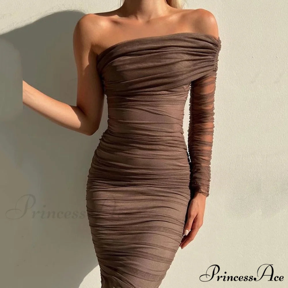 Party Mesh Elegant One Long Shoulder Arm Dress 04 Light Brown / S