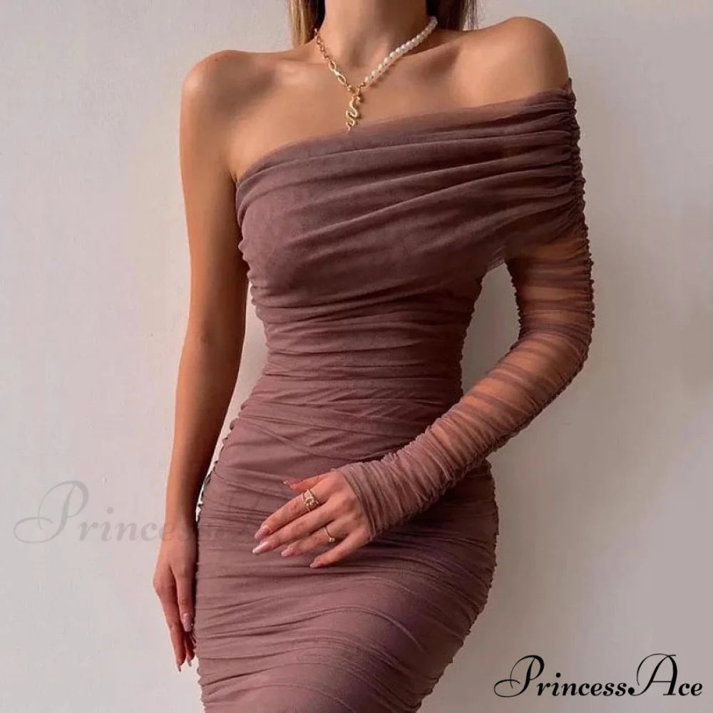 Party Mesh Elegant One Long Shoulder Arm Dress 05 Brick Red / S