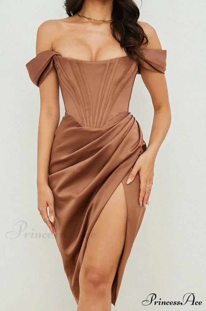 Party Midi Evening Bodycon Cb Women Celebrity Club Gown Gown of House Satin Dress brown bone dress / XS