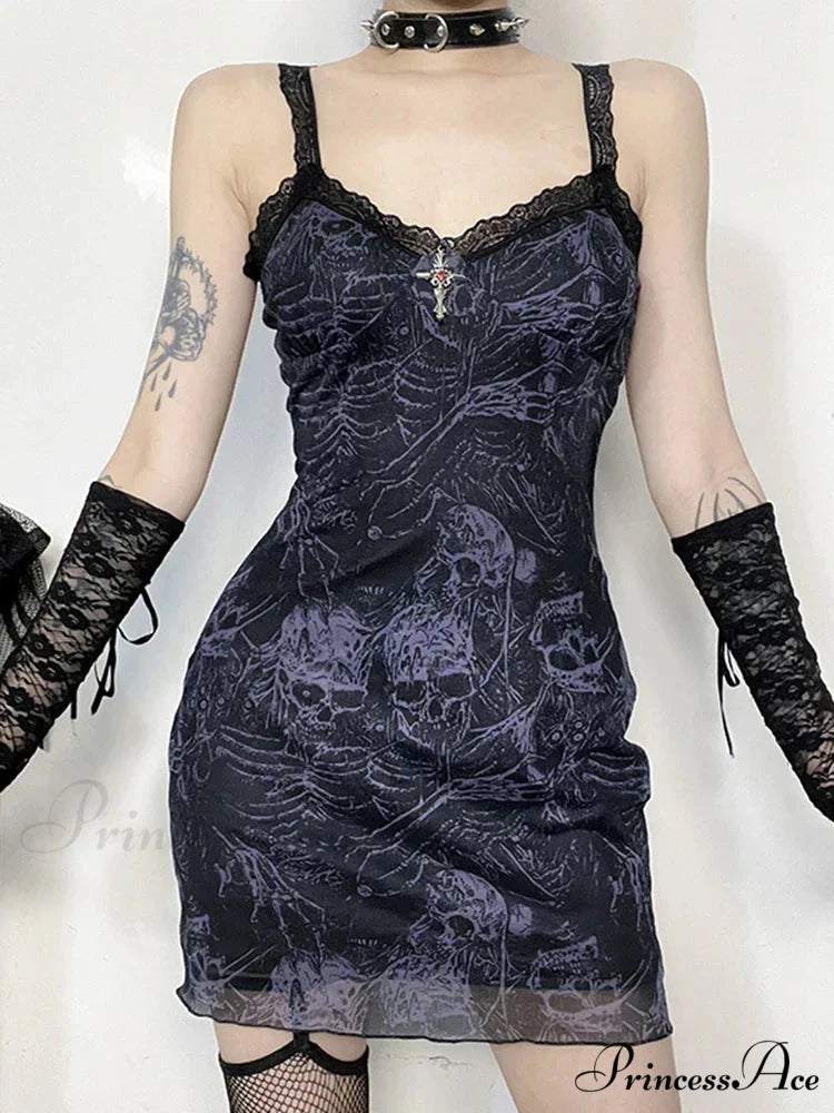 Party Mini Dress Grunge Skulls Pattern Gothic Sleeveless Backless Lace Trim Short Dress