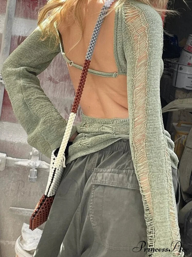 Party Out Tassel Coastal Y2K Long T Arm Hollow Club Blouse Outfits Backless Knitted Women Tee Warm-Season Top