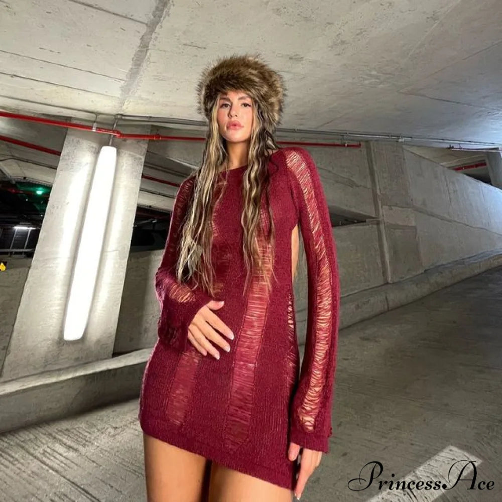 Party Out Tassel Coastal Y2K Long T Arm Hollow Club Blouse Outfits Backless Knitted Women Tee Warm-Season Top Claret / S