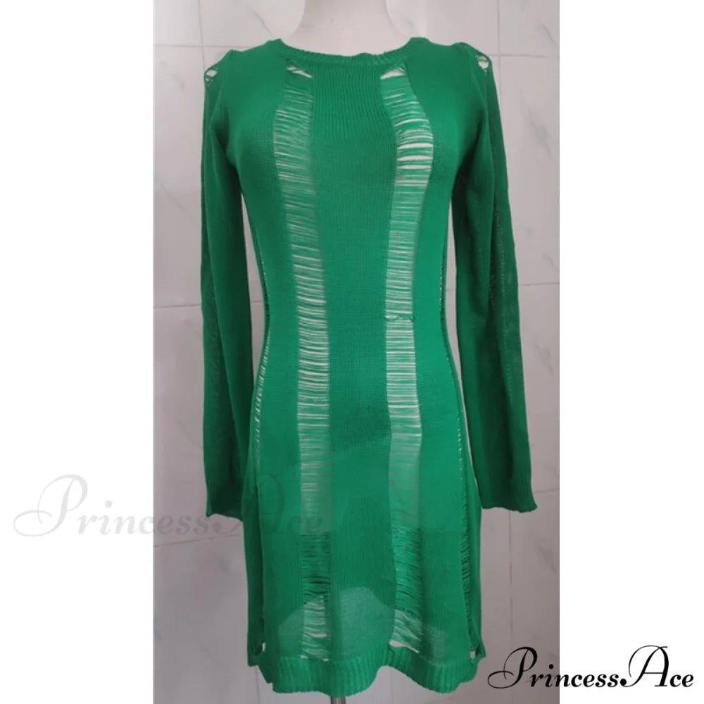 Party Out Tassel Coastal Y2K Long T Arm Hollow Club Blouse Outfits Backless Knitted Women Tee Warm-Season Top green / S